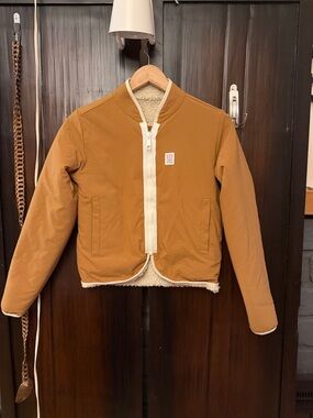 Topo Designs Reversible Cream / Tan Sherpa Zip-Up Jacket.  Cozy warm.